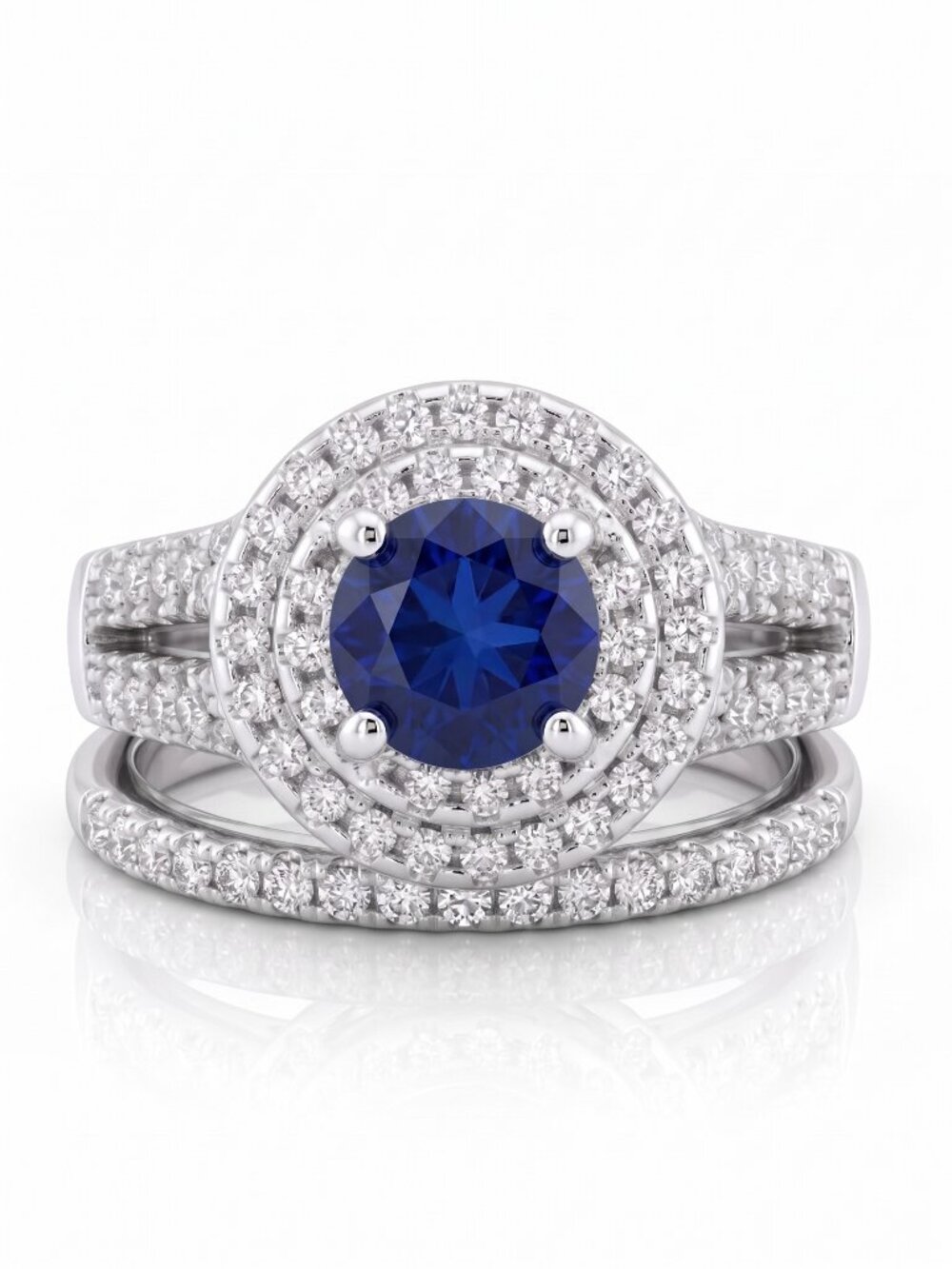 Double-halo round-cut Blue Sapphire engagement ring set - 925 Sterling Silver